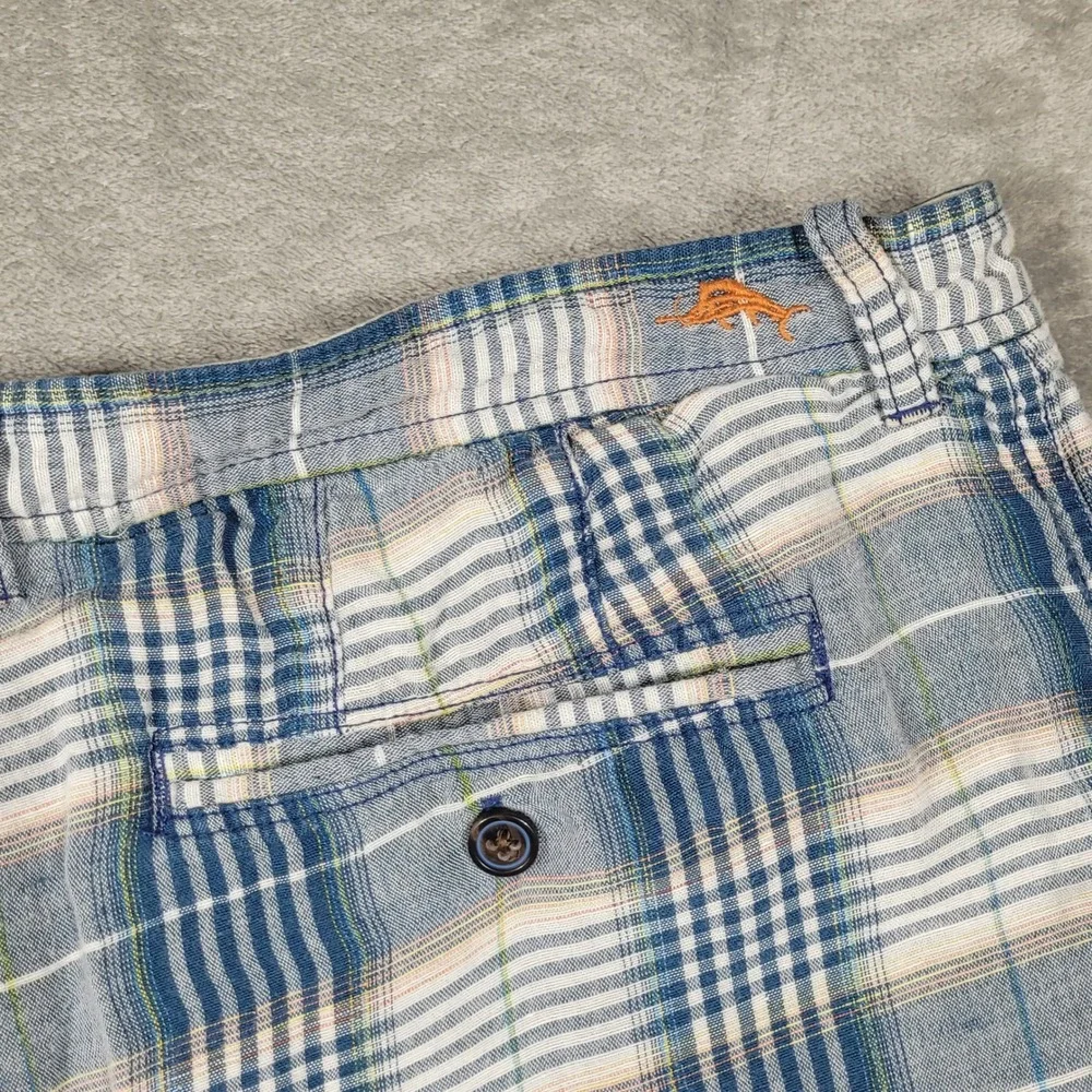 Tommy Bahama Shorts Mens 38 Blue Plaid Linen Tencel Flat Front Casual Island